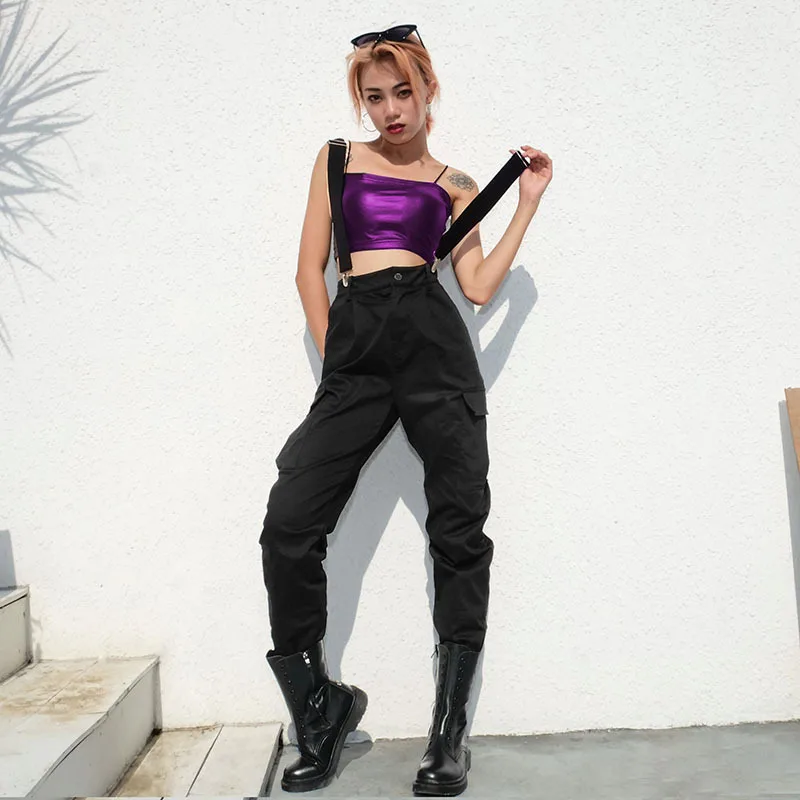 High Waist Pants Strap Loose Goggers Women Army Harem Camo Pants Streetwear Punk Black Cargo Pants Ladies capris Trousers