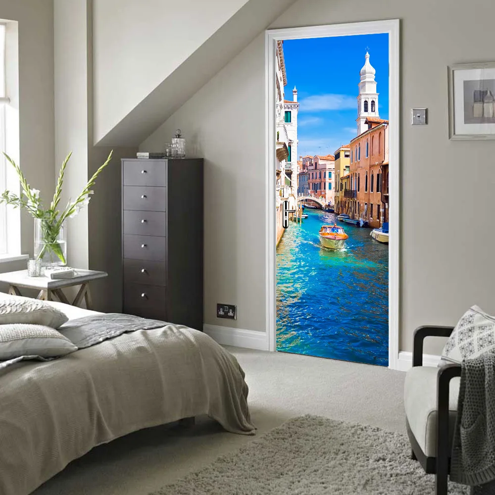 Hot Sale 3D Beautiful Landscape Door Stickers For Living Room Bedroom PVC Adhesive Wallpaper Home Decor Waterproof Mural Decal