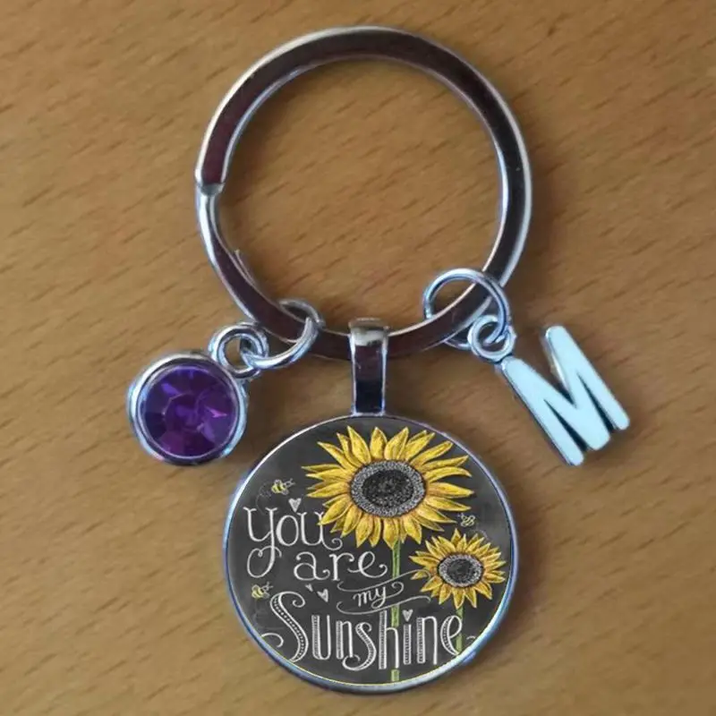 

You Are My Sunshine Keyring,Keychain with Birthstone,Initial Birthstone Personalized Custom