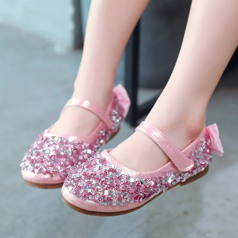 

girls Rhinestone Glitter princess flat dance shoes with bowknot behind fashion sequins for spring and autumn,3 colors C-1