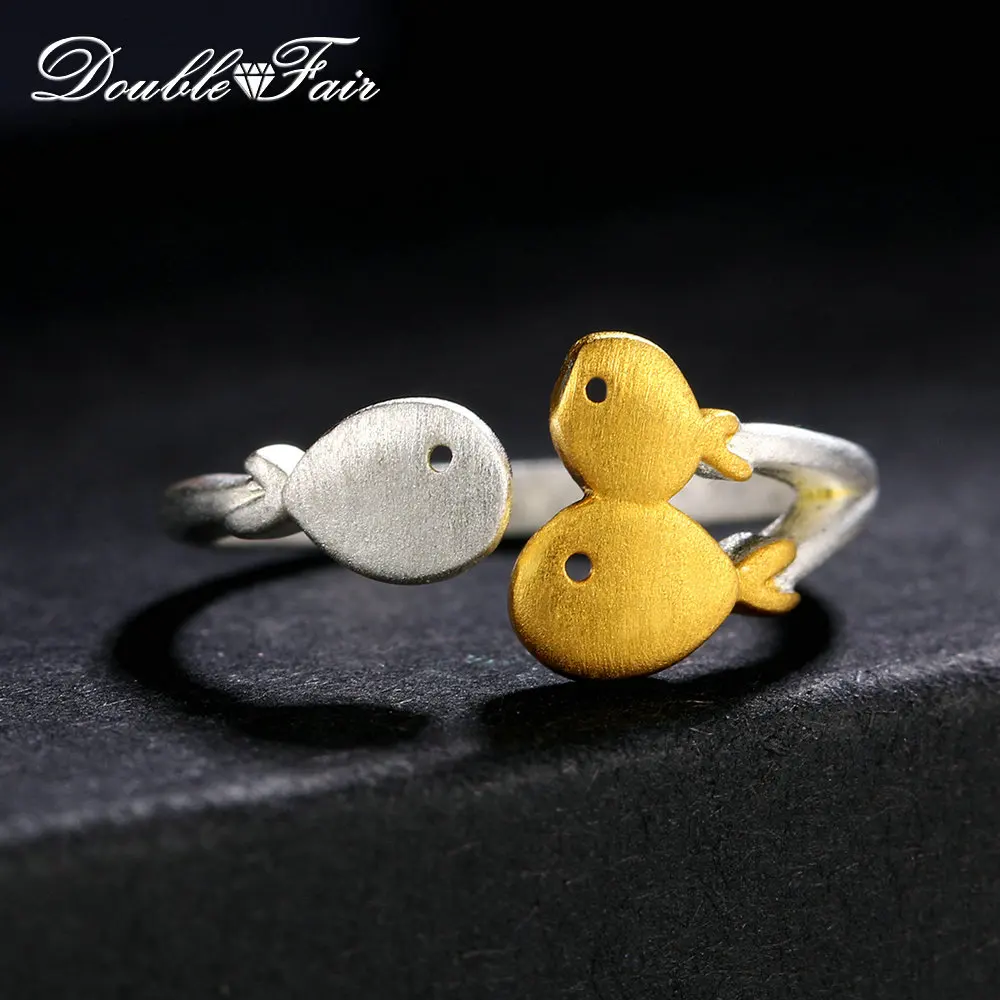Double Fair Cute Three Fishes 2 Colors Wiredrawing Design 100% 925 Sterling Silver Adjustable Ring For Engagement Party DFRY012