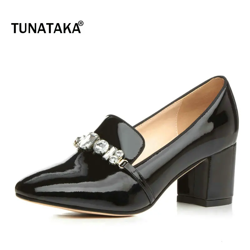 

Genuine Leather Comfort Thick Heel Square Toe Woman Lazy Pumps Fashion Crystal Slip On Dress High Heel Shoes Woman Black