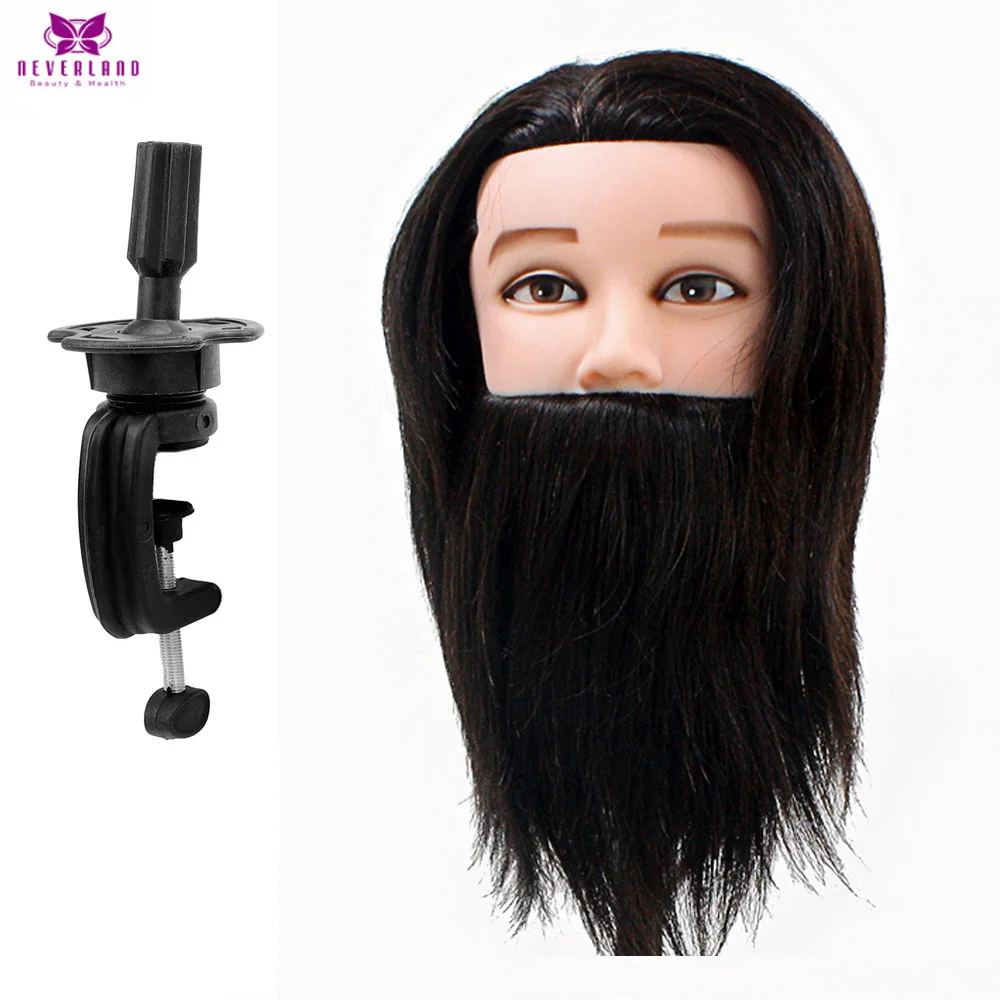

100% Real Human Hair Men Training Head With Hair Beard For Cutting Hairdressing Black Hair Male Mannequin Head Model with Holder
