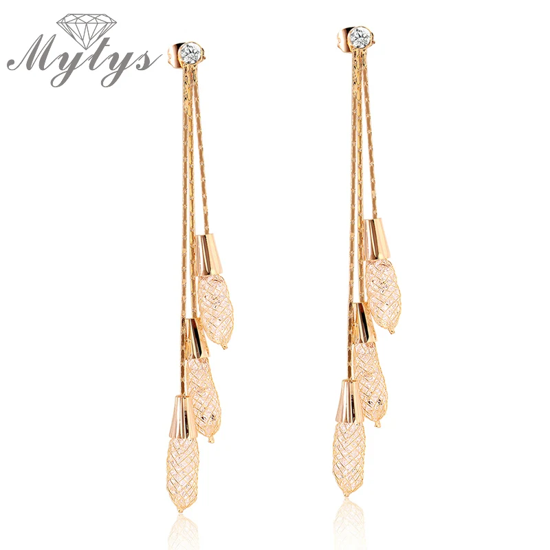 

Mytys Dangle Mesh Earrings Rose Gold GP Wire Mesh Net Crystal Drop Earrings for Women CE154