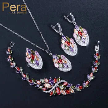 

Pera New Fashion Bridesmaid Prom Party Jewelry Big Colorful Cubic Zirconia Drop Necklace Earrings Bracelet Rings For Gift J101