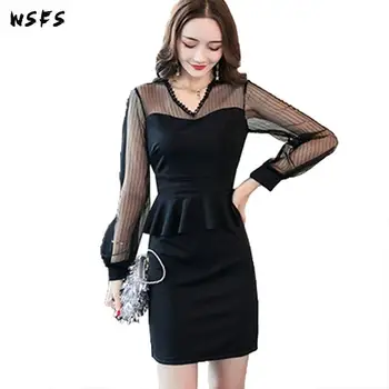 

Autumn Lace Dresses Black Mesh Long Lantern Sleeve Women Ruffles Vintage Bandage Bodycon Dress Sexy Party Mini Pencil Wrap Dress
