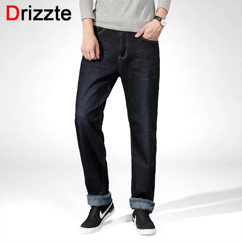 Koop Drizzte Losse Straight Fleece Hoge Stretch Denim Jeans Mens Man Jeans broek Broek voor Grote been Grote en Lange Man voor Winter