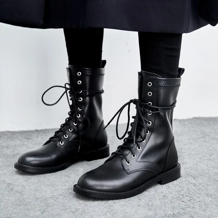 

PXELENA Retro Rome Genuine Cow Leather Military Combat Tactical Ankle Boots Women Lace Up Low Heels Martin Knight Boots Shoes