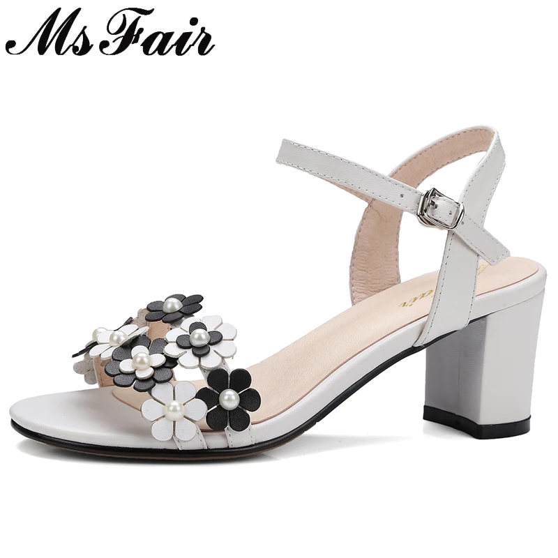 

MsFair Women Round Toe Square heel Sandals Fashion Pearl High Heels Woman Sandals Summer Buckle Flower Women High Heel Sandals