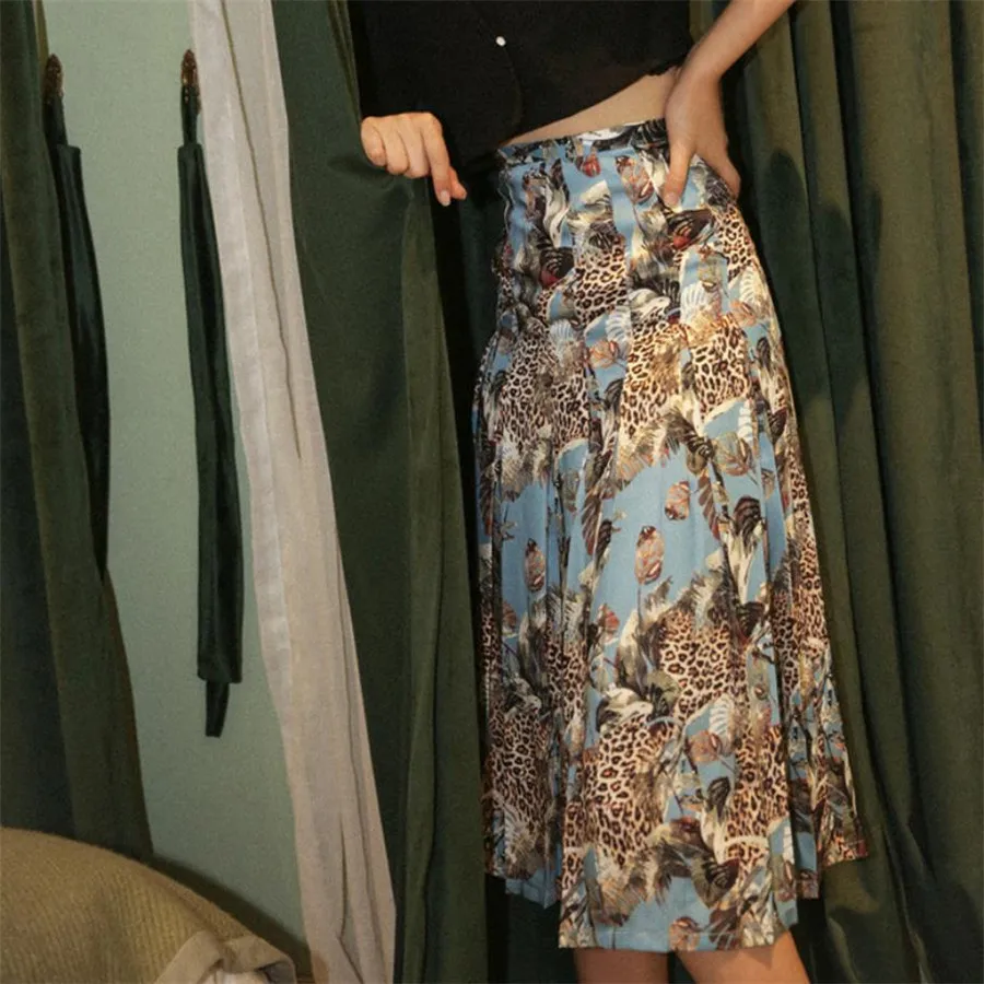 

Animal leopard cotton print long skirt pleated half skirts comfortable 2019 spring runway black H118