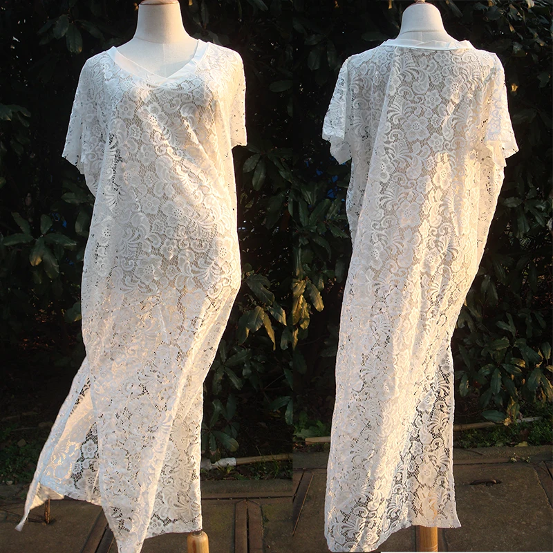 ДЛИННЫЙ КРУЖЕВНОЙ белый наряд кафтан на пляж Saida de Praia Feminino 2020 Robe Plage купальный