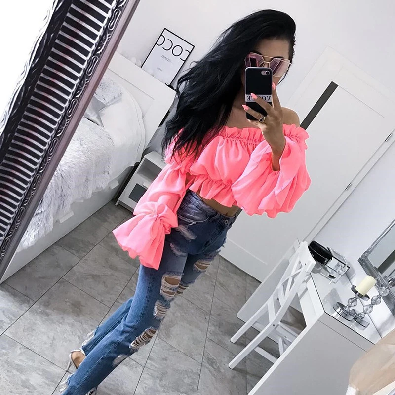 Forefair Off Shoulder Sexy Women Blouse Ruffle  (21)