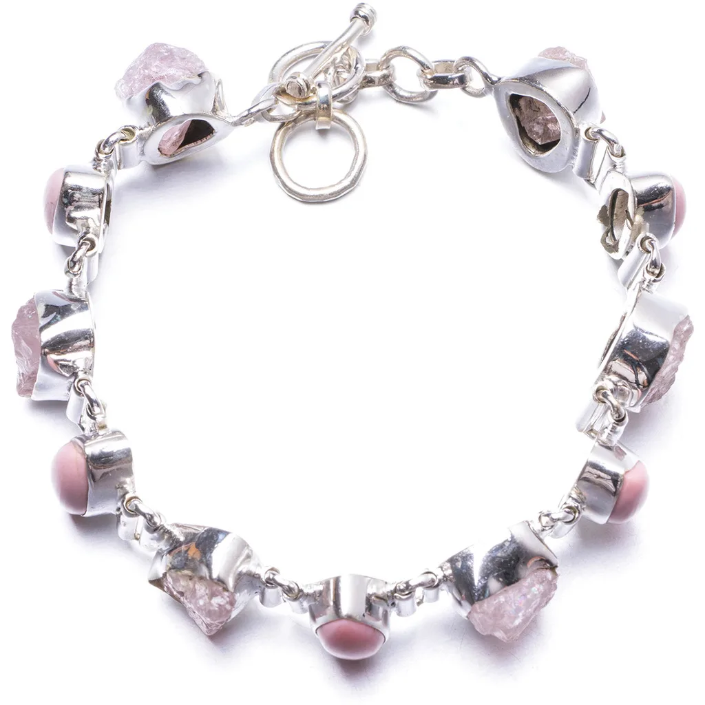 

Natural Rose Quartz and Royal Imperial Jasper Unique 925 Sterling Silver Bracelet 6 3/4-7 1/4" Y2000