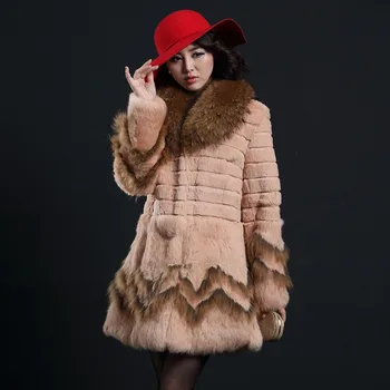 Billige 2017 Herbst Winter Frauen Echte Echtem Kaninchen Fell Mantel WaschbĂ€ren Pelz Kragen Weibliche Medium-lange Oberbekleidung Bekleidungs Plus GröĂe 0047