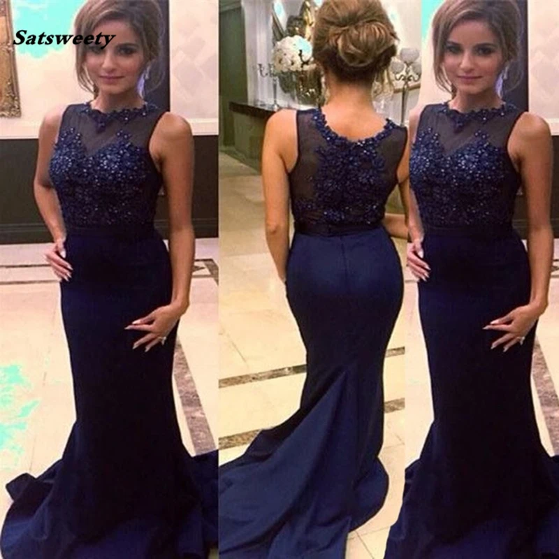 

Navy Blue Bridesmaid Dresses Mermaid Sleeveless Applique Beading Lace Applique Prom Dress robe africaine femm In Stock