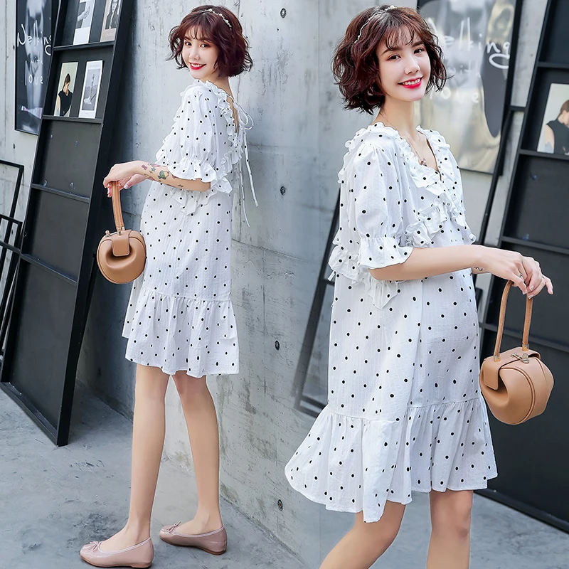 

Wooden ear pregnant women dress summer polka dot short-sleeved Korean version of maternity dress new wave mother pregnant women
