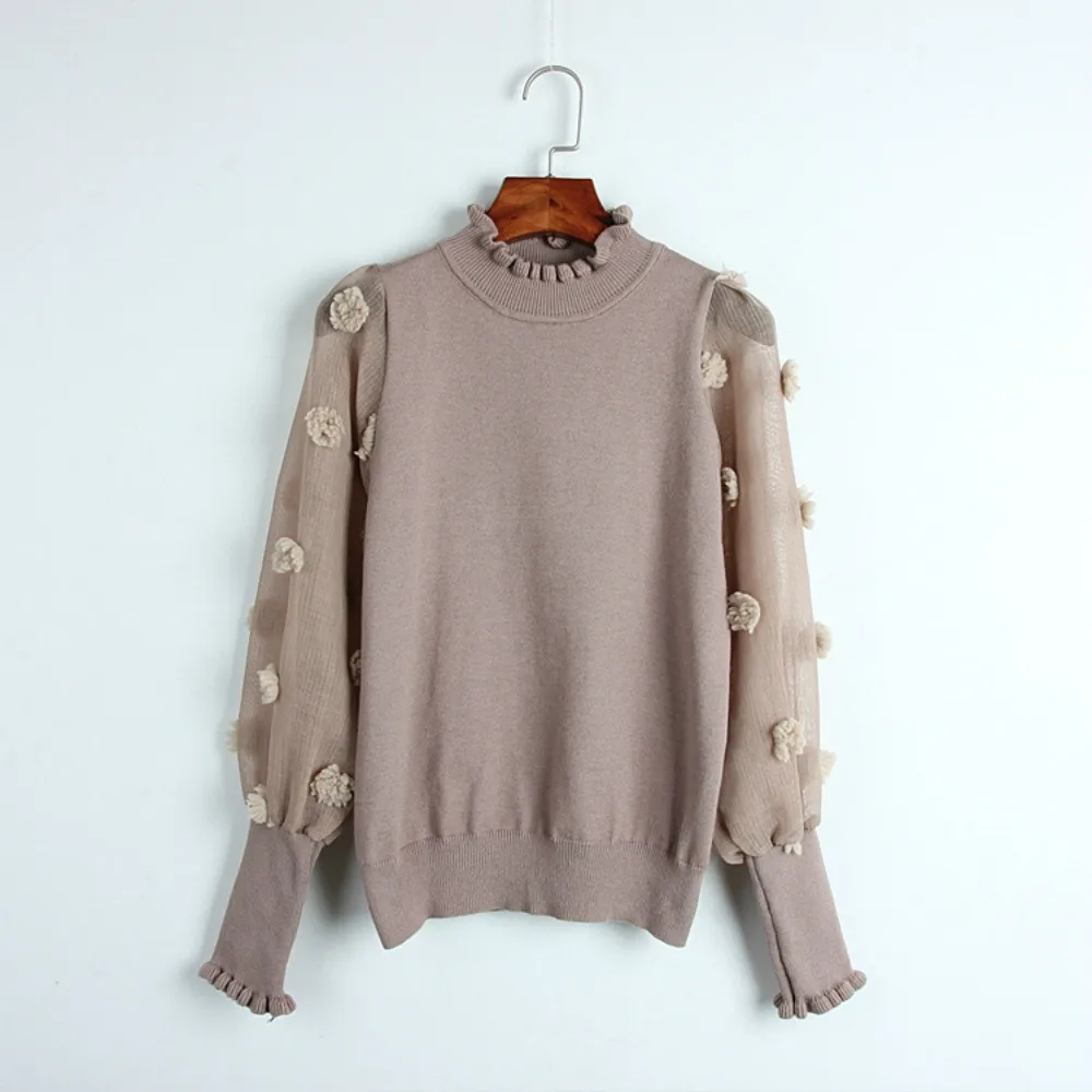 

Personality Women Sweater Voile Lantern Sleeves Patchwork Jersey Knitted 2018 Spring Jumper Casual O-neck Female Pullover Tops