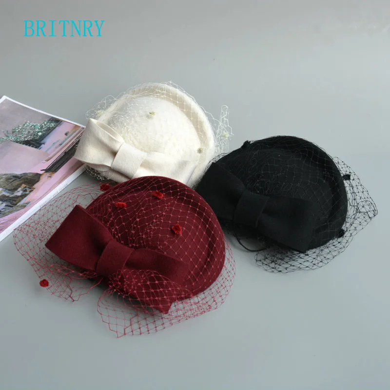 

BRITNRY Evening Party Wedding Hats for Women Elegant Black Wine Red Beige Bride Hats High Quality Wedding Accessories Decoration