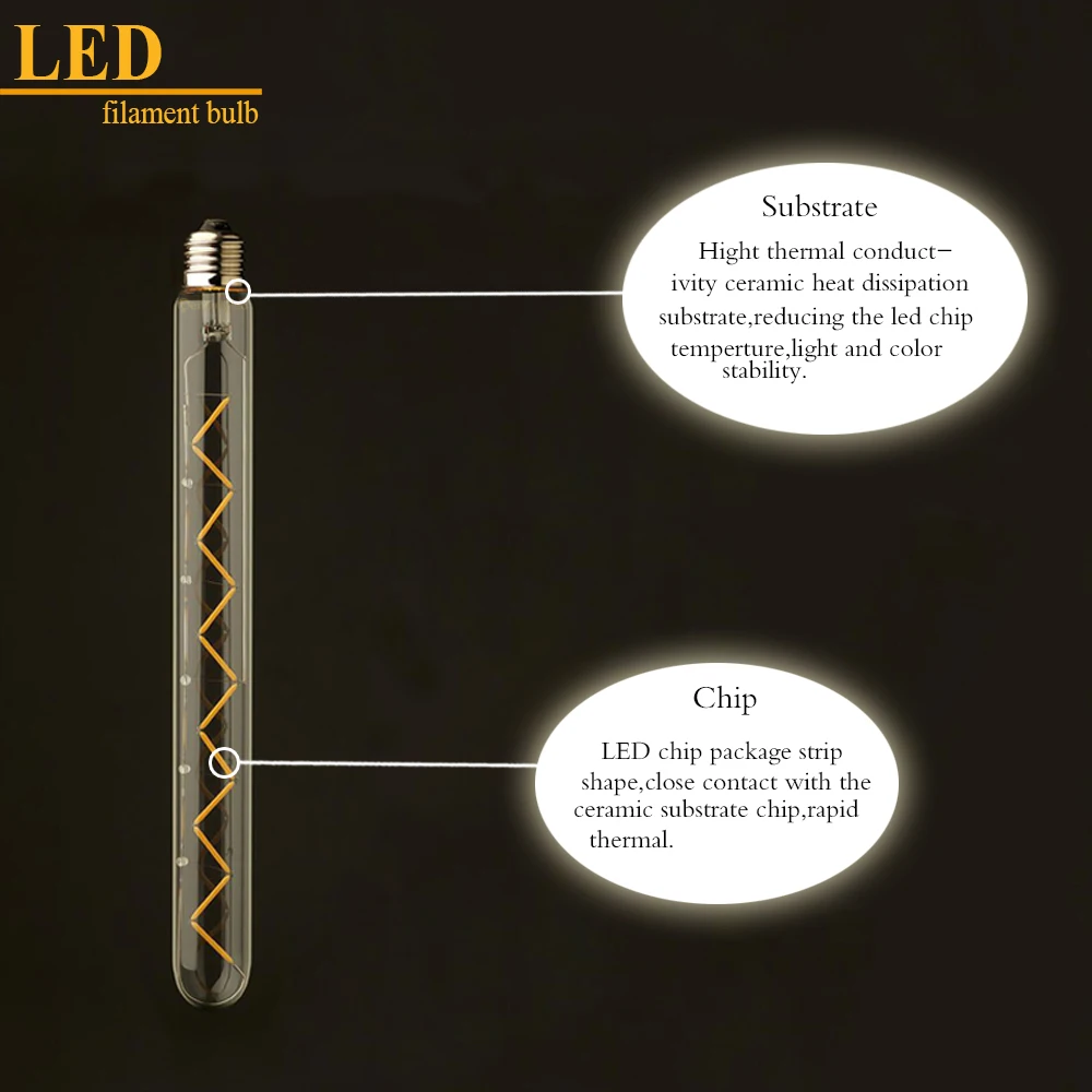 Старинная светодиодная нить лампочка, T30 300 мм, 6 Вт, Эдисон зигзаг трубчатый стиль, супер теплый 2200 K, с регулируемой яркостью