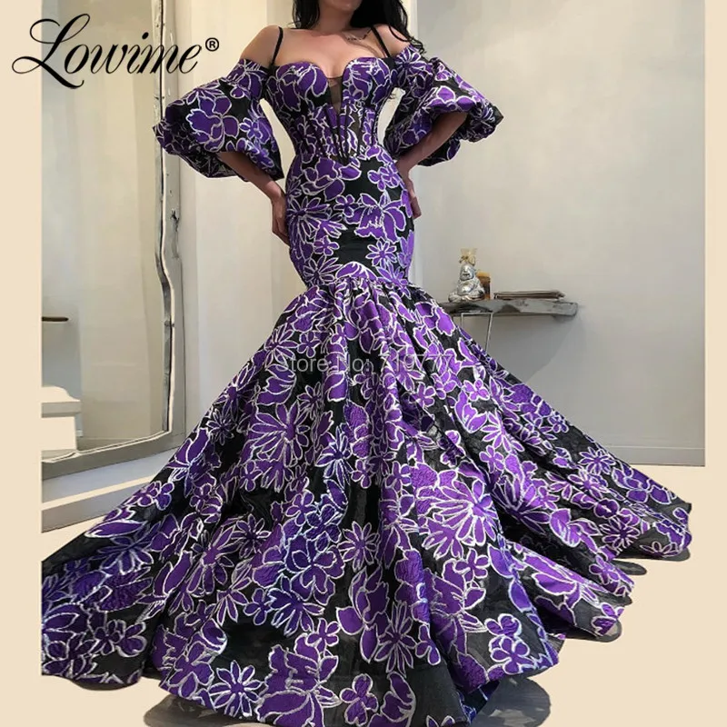 

Purple Floral Pattern Mermaid Evening Dress Celebrity Red Carpet Party Dresses 2019 Abendkleider Dubai Kaftans Muslim Prom Gowns