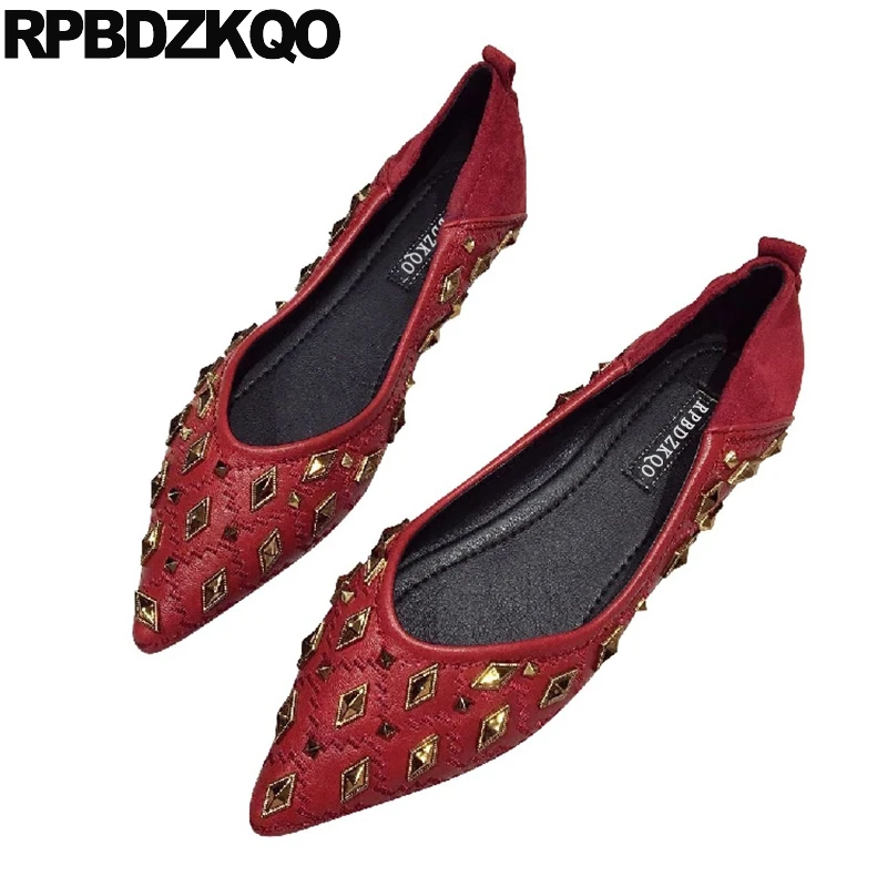 

designer rock stud comfortable korean pointed toe flats women china ladies beautiful shoes slip on embellished rivet chinese red