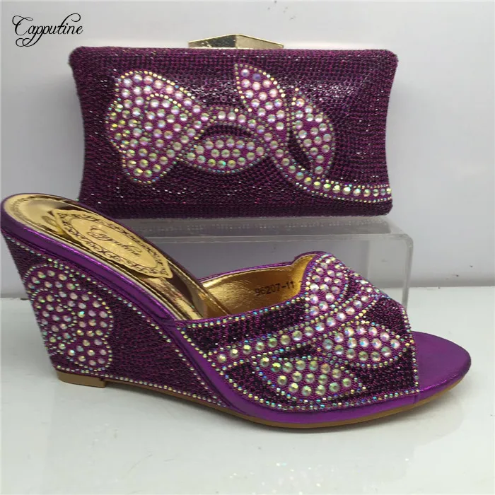 Luxury purple design wedge heel African slip on shoes and handbag set with rhinesones GY28 ...