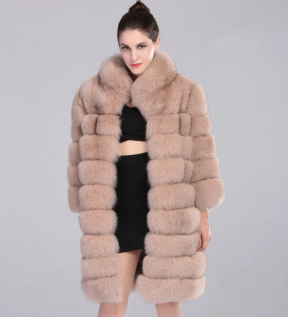 Long Fox Fur Coat Natural Fox Fur Beige Color Stand Color for Russian ...