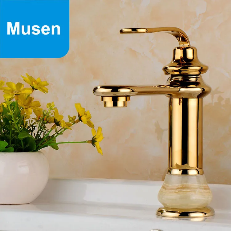 

Gorgeous Golden With Marble Quality Brass Sink Tap Antique Basin Faucet Hot Cold Mixer