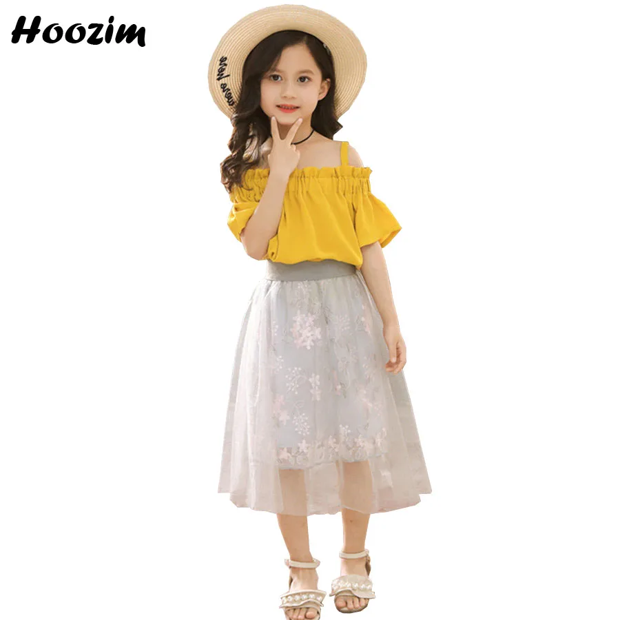 

Cute Girls Clothing Set 10 11 12 Years Fashion Suspender Tops+Voile Embroidery Floral Long Skirt Children Summer Suit For Girls