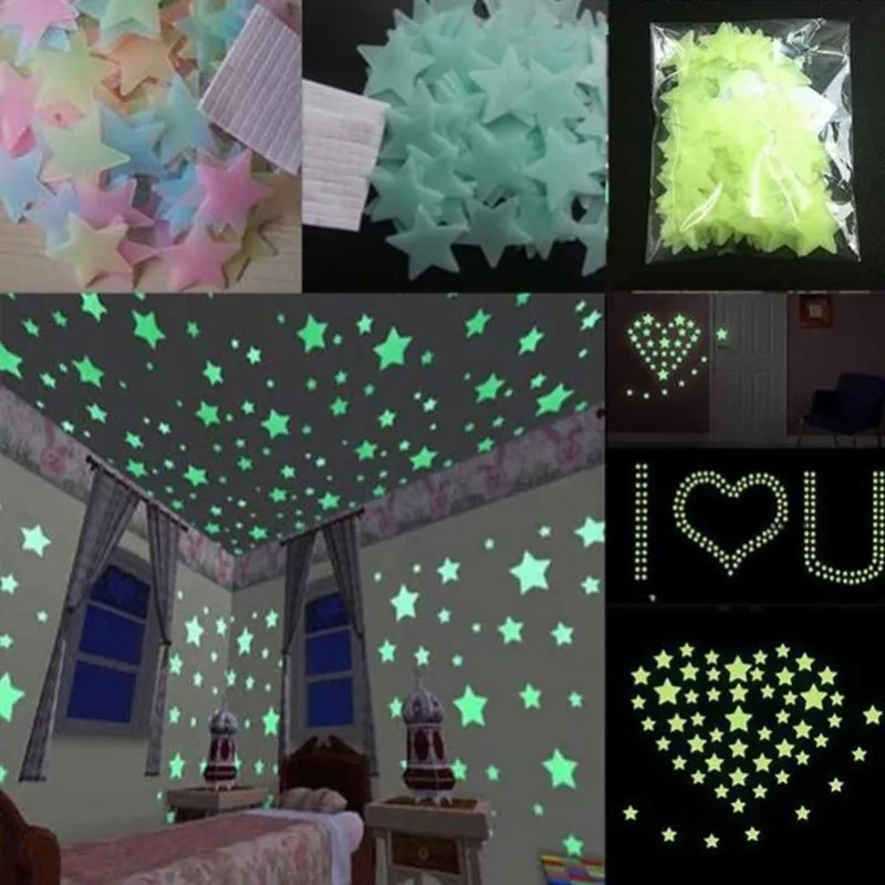 

100pcs 3D Stars Glow In Dark Luminous Fluorescent Plastic Home Decor Wall Sticker Decal Wallpaper Decorative Special Festival