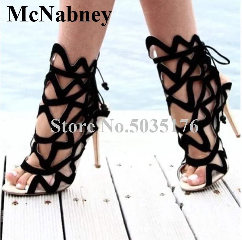 

2019 European Sexy Solid Rear Tie Ankle Strap Peep Toe Stiletto Heel Striped Hollow Mid-Calf Sandals Lace-Up Summer Women Shoes