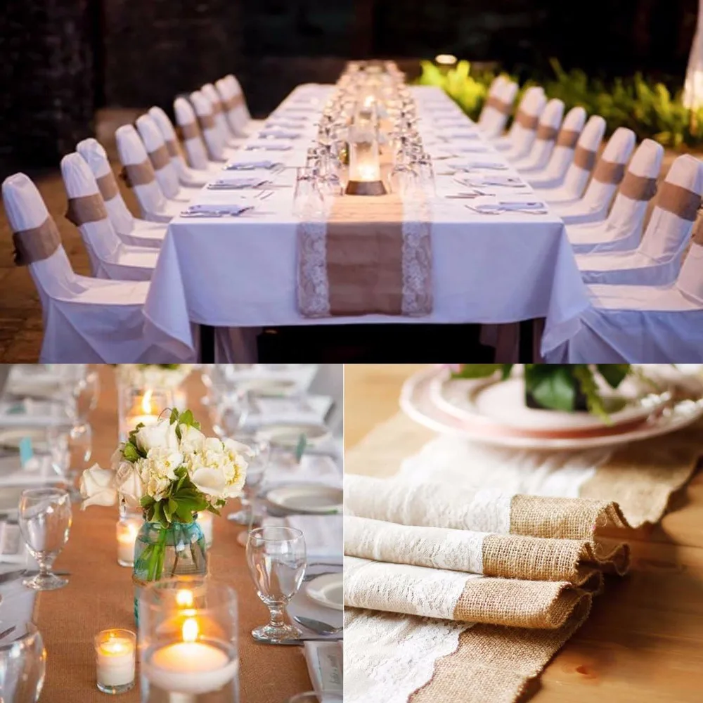 30*430CM Long Natural Jute Table Runner Lace Burlap Hessian for Vintage Wedding Party Decoration