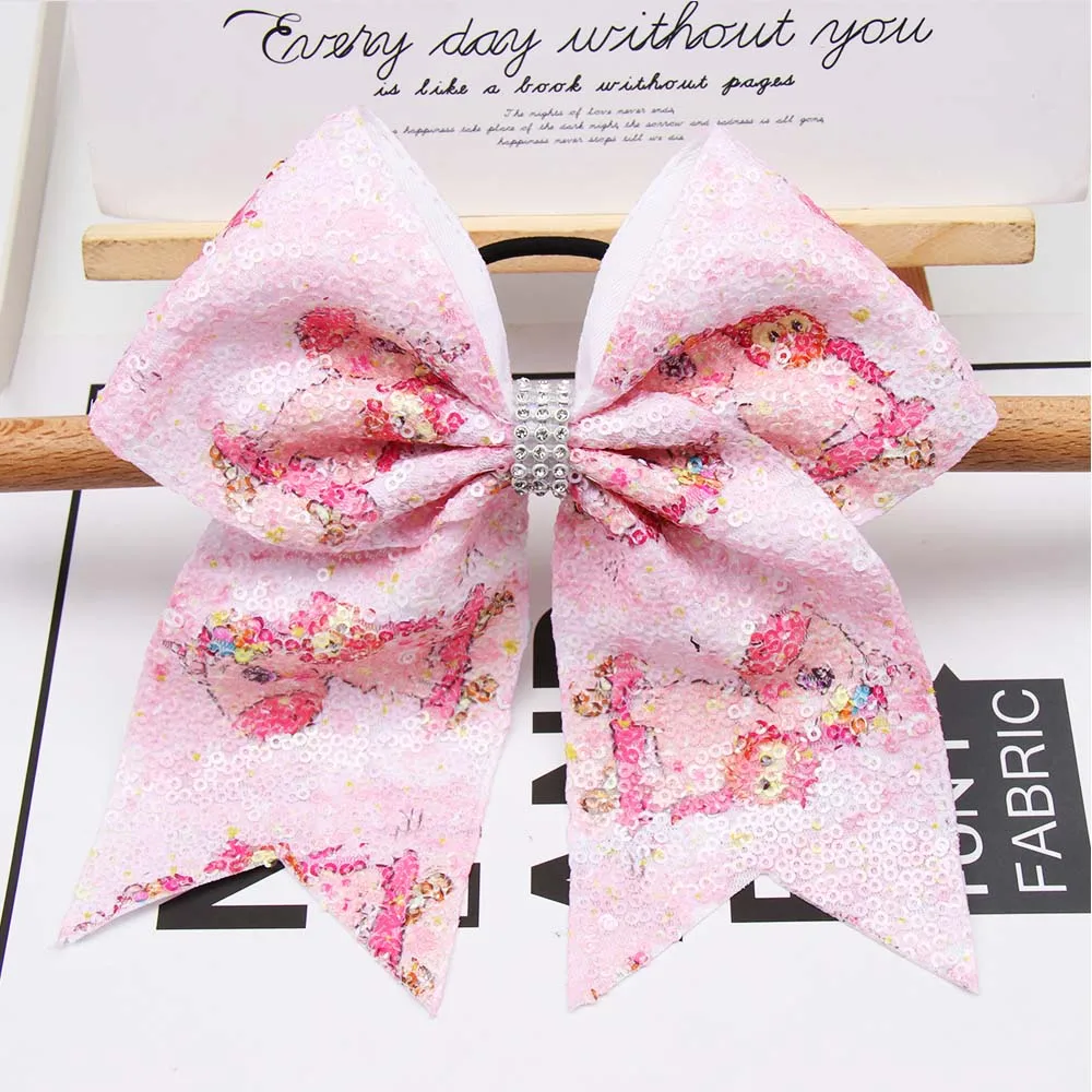 

1PC Cheer Bows for Girls Unicorn Print Sequin Hair Bows with Rhinestone Ponytail Holder Elastic Hair Bands Hair Accessories