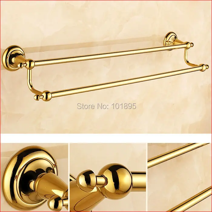 Розничная-роскошный латунный кронштейн для полотенец, двойной держатель для полотенец, золотой цвет полотенце для ванной рок, L15936