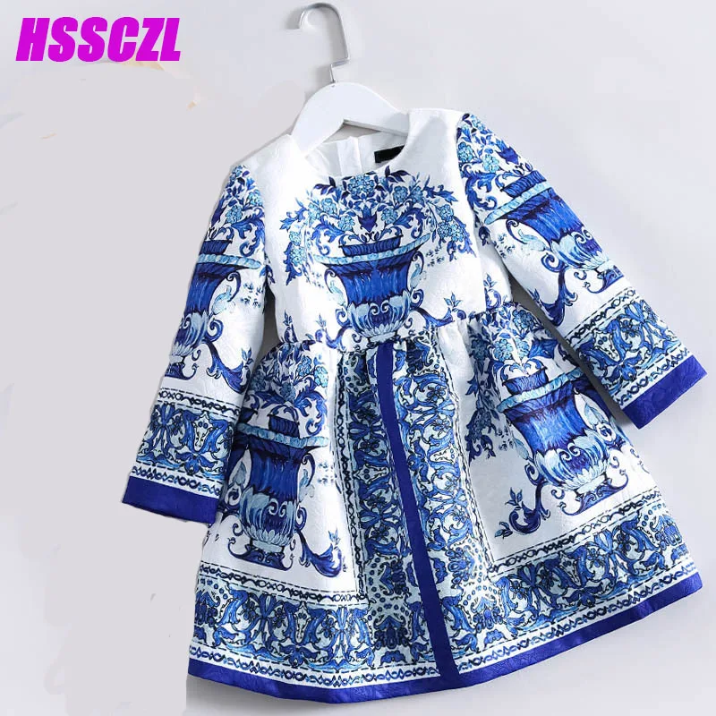 

2017 new girl dress spring autumn blue girls white porcelain dress high-end brand printing long-sleeved A-line free shipping