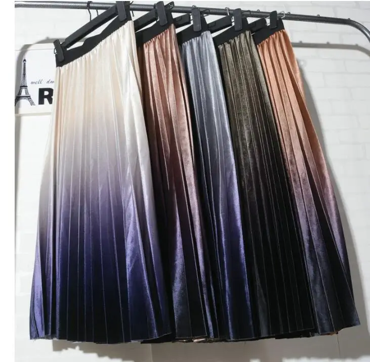 

Velvet Gradient High Waist Pleated skirt midi christmas Skirt Female 2018 Autumn winter Fashion Women Bottom
