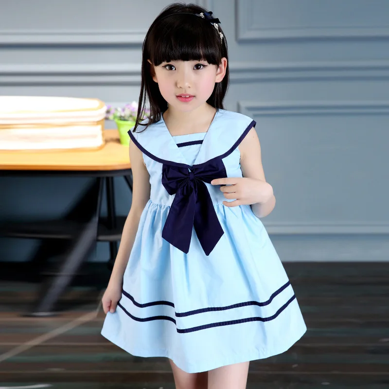 Летняя одежда; новое темно-синее платье без рукавов для девочек; Детская школьная форма с большим бантом; платья для маленьких детей - Цвет: Небесно-голубой