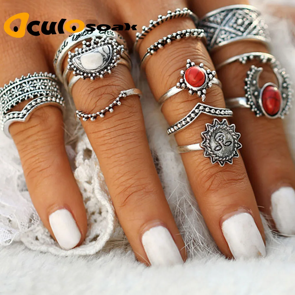 

14pcs/Set Vintage Silver Moon and Sun Midi Ring Set Pattern for Women Female Red Large Stone Knuckle Ring Gift