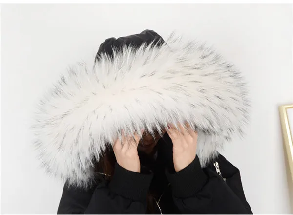 Winter Coat Female Neck Cap Long Warm Genuine Fur Scarf Big Size Neck scarf Fur Collar Real Raccoon Fur Women Scarves L44 - Color: Black tip