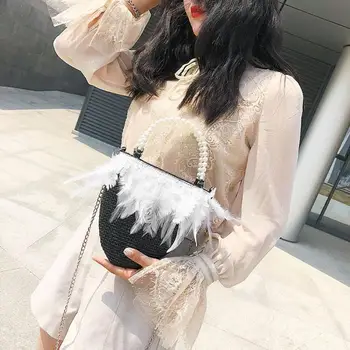 

Beach Straw Women Bucket Bead Handbag Feathers Girls Messenger Bags Chain Shoulder Bag Handbags bolsos mujer