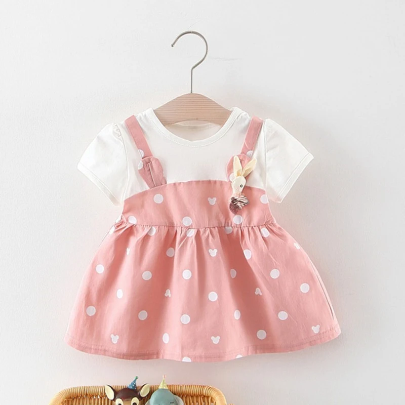 Летнее платье принцессы для маленьких девочек Хлопковое Открытое платье в горошек с короткими рукавами из 2 предметов
