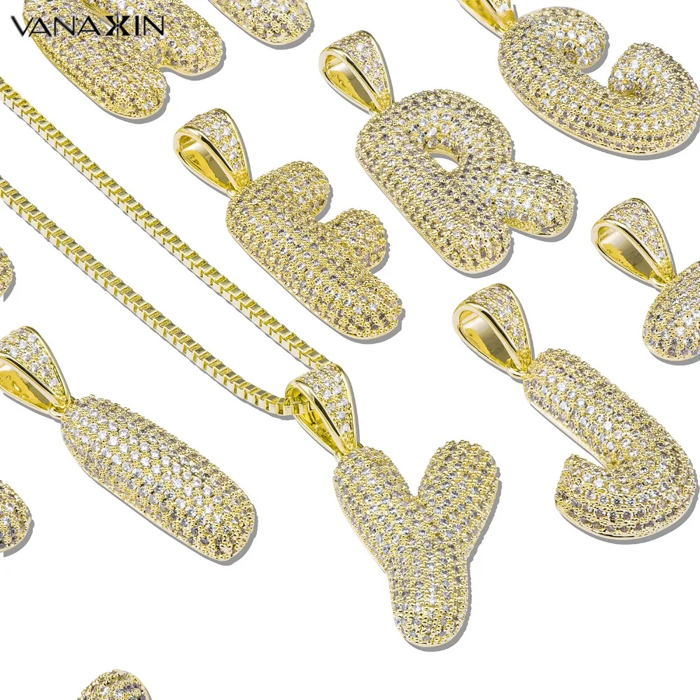 

VANAXIN Letter Necklace N TO Z Gold Color 0.5M Plated AAA White CZ HipHop Punk Jewelry For Men Letters Necklace Pendant Box Pack