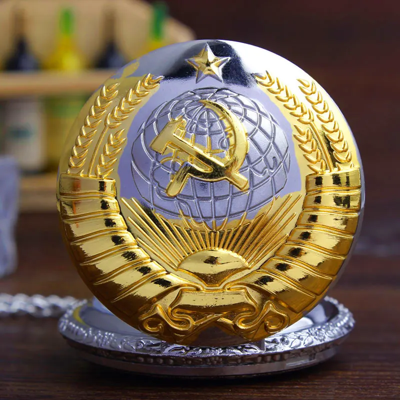 Golden Soviet Badges Sickle Hammer Pocket Watch Retro Quartz Necklace Watches Chain Pendent Hours Clock