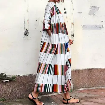 

Vintacy Long Sleeve Dress White Striped Tropical Beach Vintage Maxi Dresses Boho Casual O Neck Loose Tunic Draped Long Dress