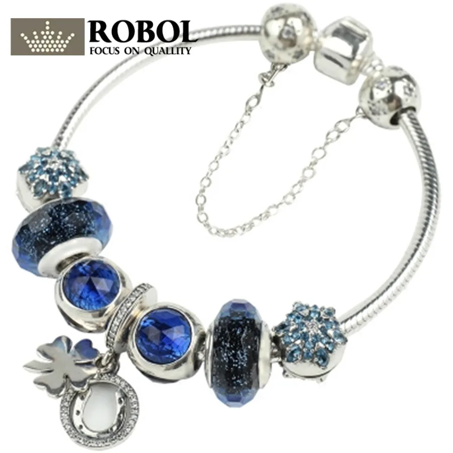

ROBOL 100% 925 Sterling Silver Brand New 1:1 Genuine Glamorous Ocean Heart Bracelet Set Snowflake Starry Night Themed Bracelet