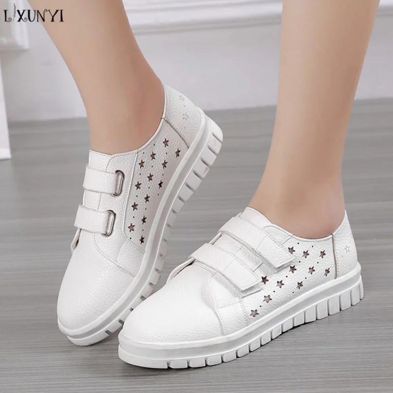 

LXUNYI 2018 Fashion PU Leather Shoes Women Platform Vulcanize Shoes Hollow Out Breathable Casual Flats White Shoes Sneakers
