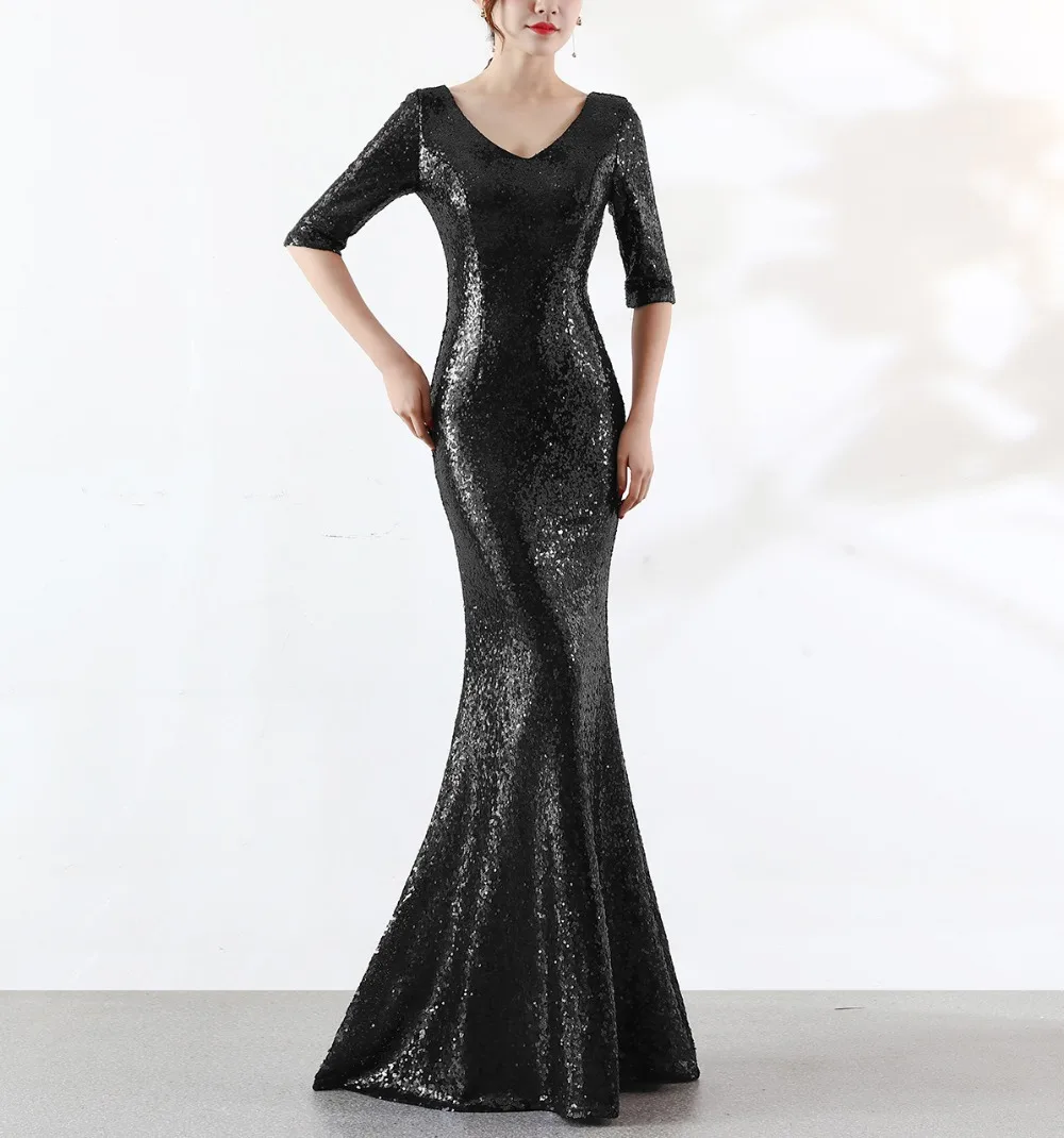 

Woman Sexy half sleeves Spandex Sequins Mermaid Formal Evening Dress Long Train Floor Length Bridal Gown 2019