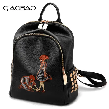

QIAOBAO Girl School Bags For Teenagers Women Embroidery Backpack Black Leather Women's Backpacks Fashion Female Large Backpacks