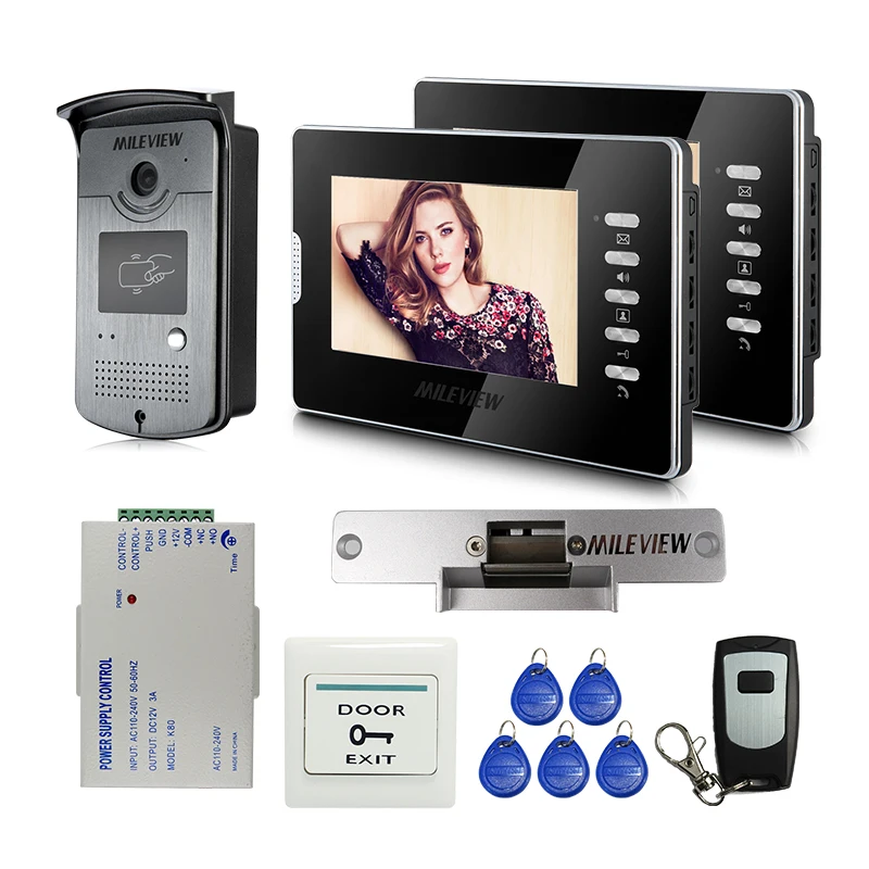 

Wholesale New 7" Color Video Door Phone Intercom Doorbell System 2 Monitors RFID Door Camera Electric Strike Lock FREE SHIPPING