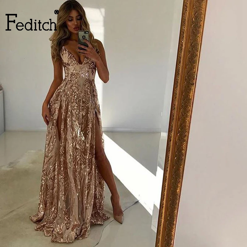 

Feditch 2019 Elegant Summer Dress New Sexy Halter Sequin V Neck Maxi Dress Vintage Split Party Casual Women Dresses Plus Size
